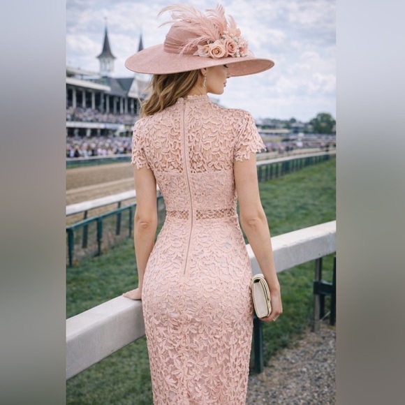 Just Me Dusty Blush Pink Lace Midi DRESS- Kentucky Derby - Picture 2 of 5